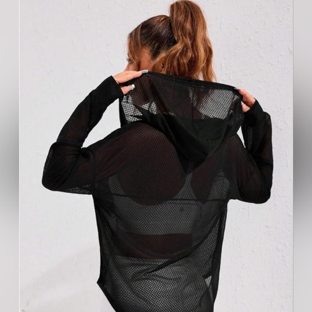 Mesh Hooded Jacket Summer Beach Party Poolside Festival Fit Casual Black Medium